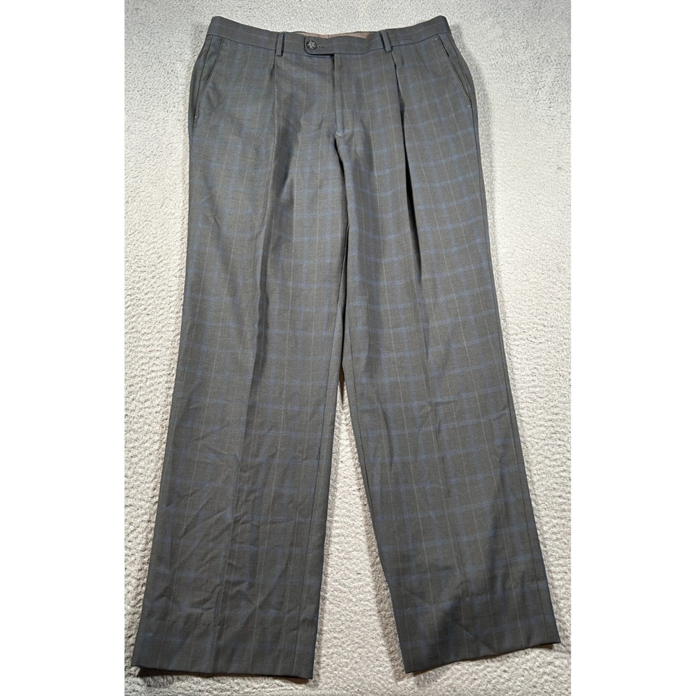 Angelo Rossi Dress Pants Mens 33x30 Gray Plaid Pleated Classic Business‎